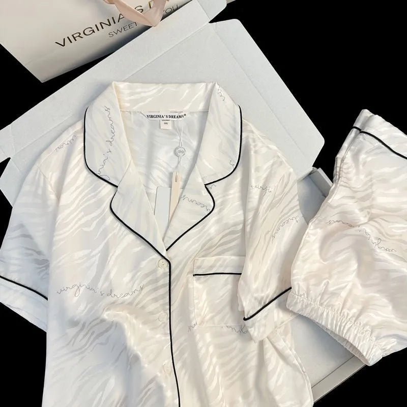 Women Sleepwear Ice Silk Girl Home Wear Cardigan Floral Sweet 2PCS Set Ladies Short Sleeve Shorts Student Pajamas M L Nightwear