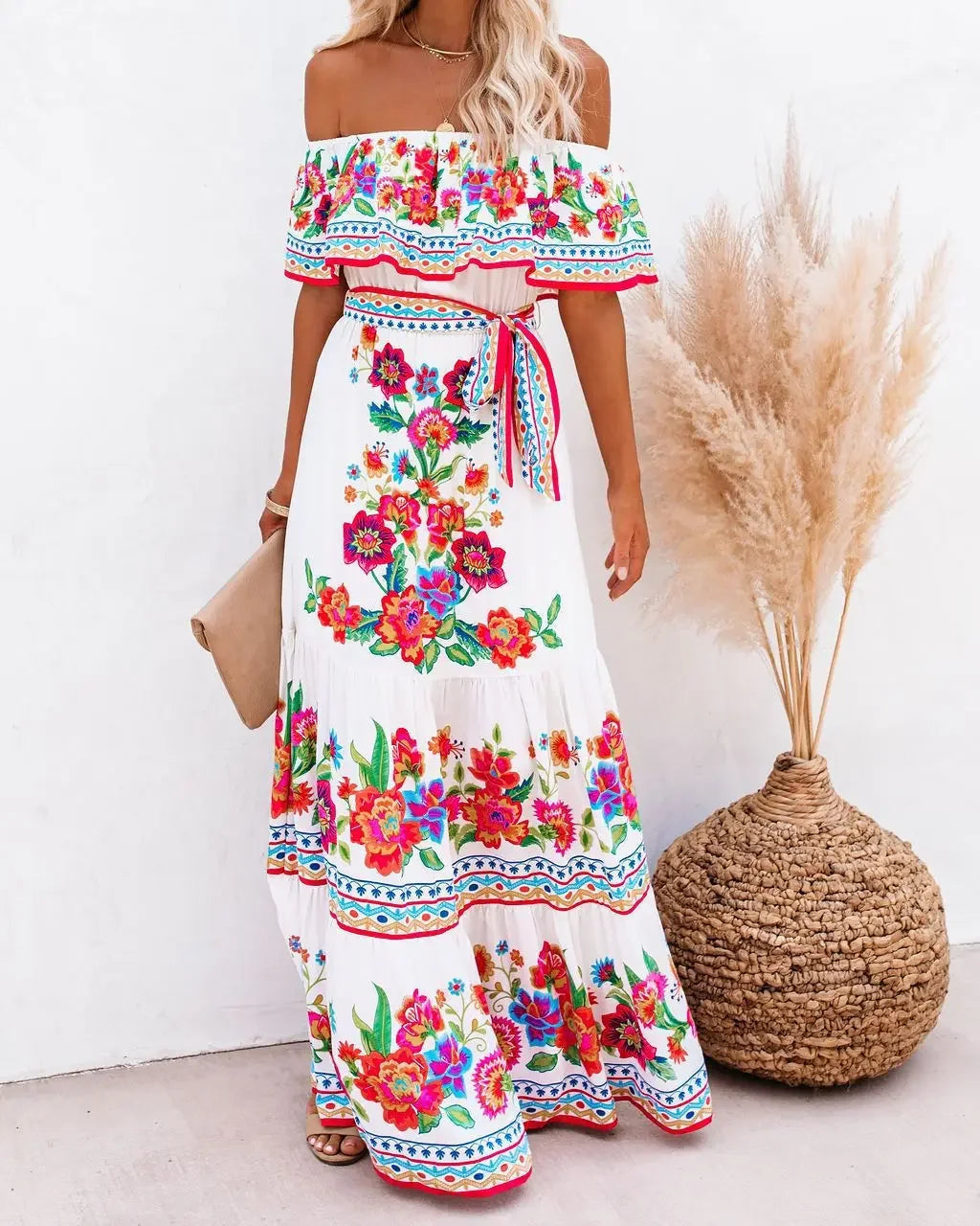 Spring/Summer One-Shoulder Maxi Dress – Red Flower Print, Sleeveless, Knee-Length, Regular Waist