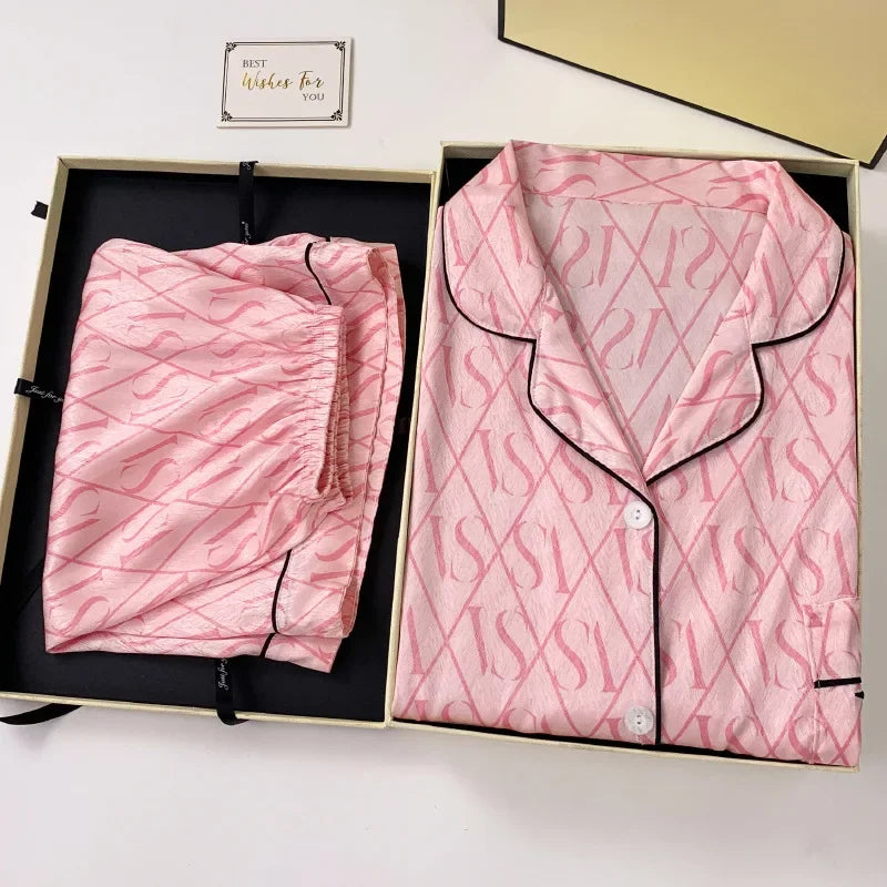 Summer Women’s Ice Silk Pajama Set – Short Sleeve Cardigan Loungewear