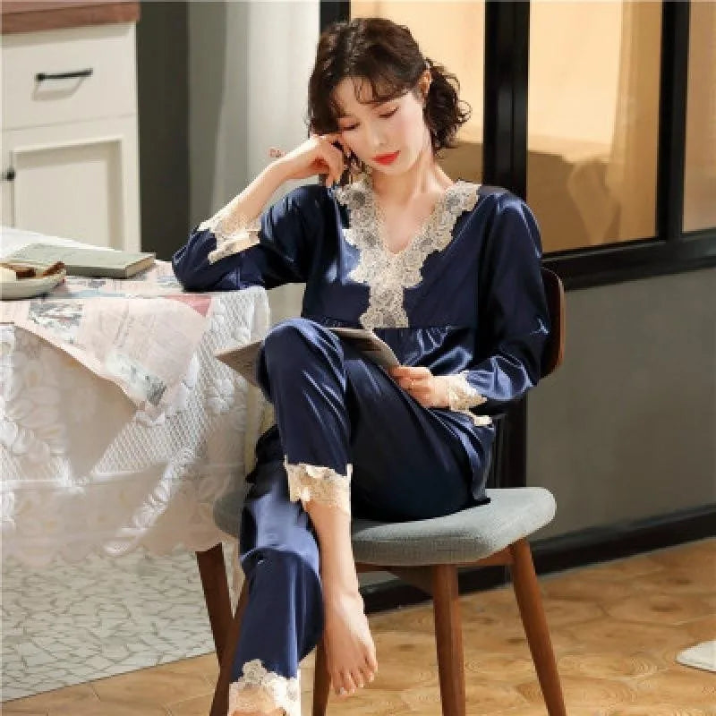 Women’s Ice Silk Pajama Set – Long Sleeve Lace Top & Pants, Green Sweet Homewear