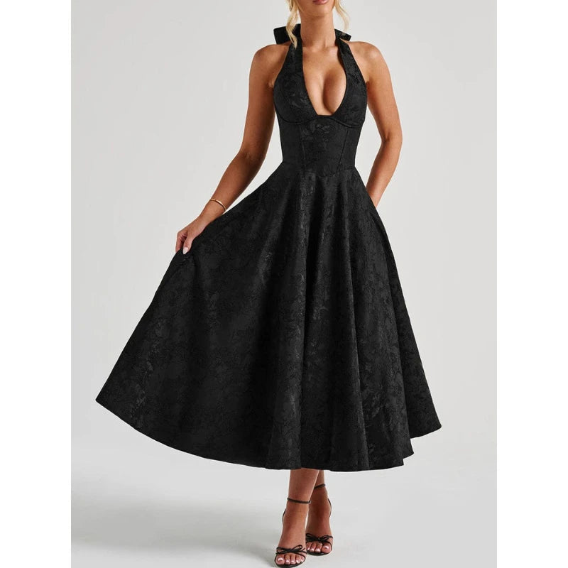 Deeptown Red Halter V-Neck Pleated Midi Dress