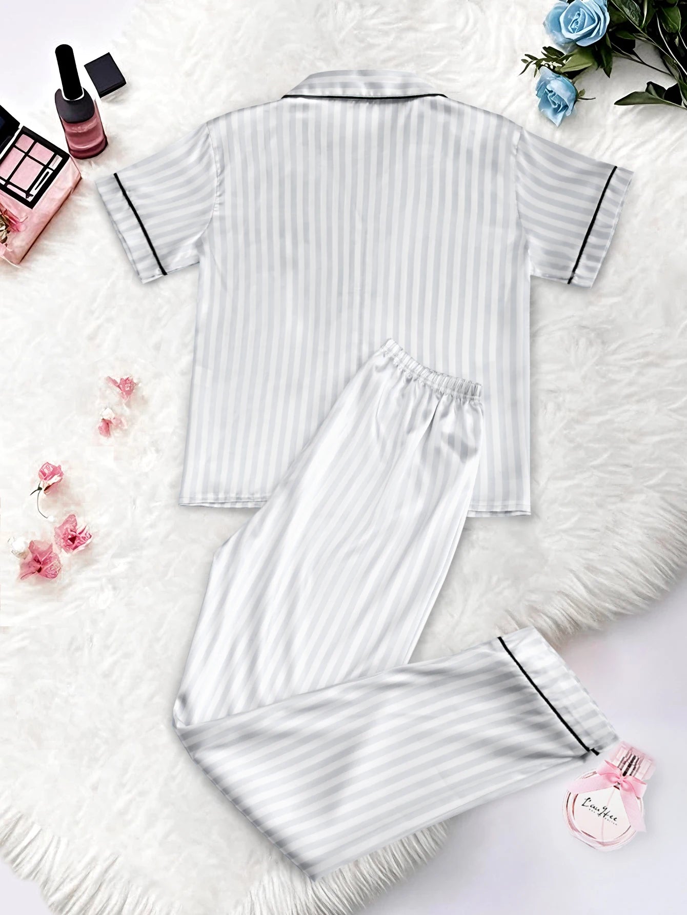 Women's Satin Pajama Set – Classic Striped Print, Short Sleeve Top & Long Pants with Lapel Collar, Pocket Letter & Button Detail