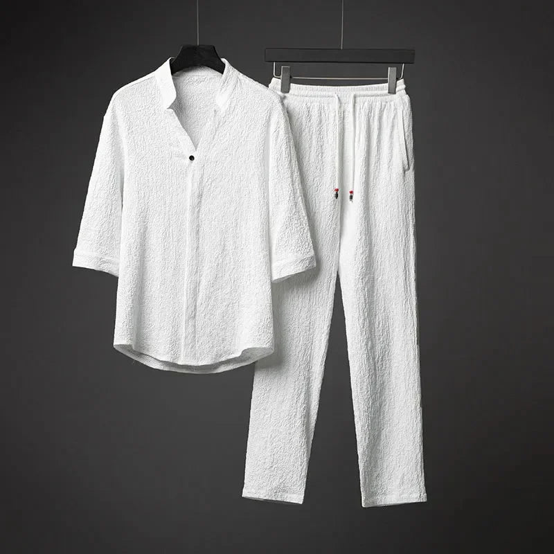Men’s Luxury Summer Suit – Ultra-Thin, Loose-Fit, Mid-Sleeve Two-Piece Set