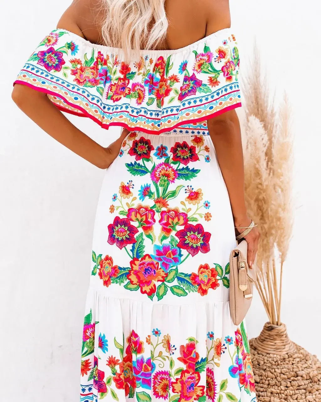 Spring/Summer One-Shoulder Maxi Dress – Red Flower Print, Sleeveless, Knee-Length, Regular Waist
