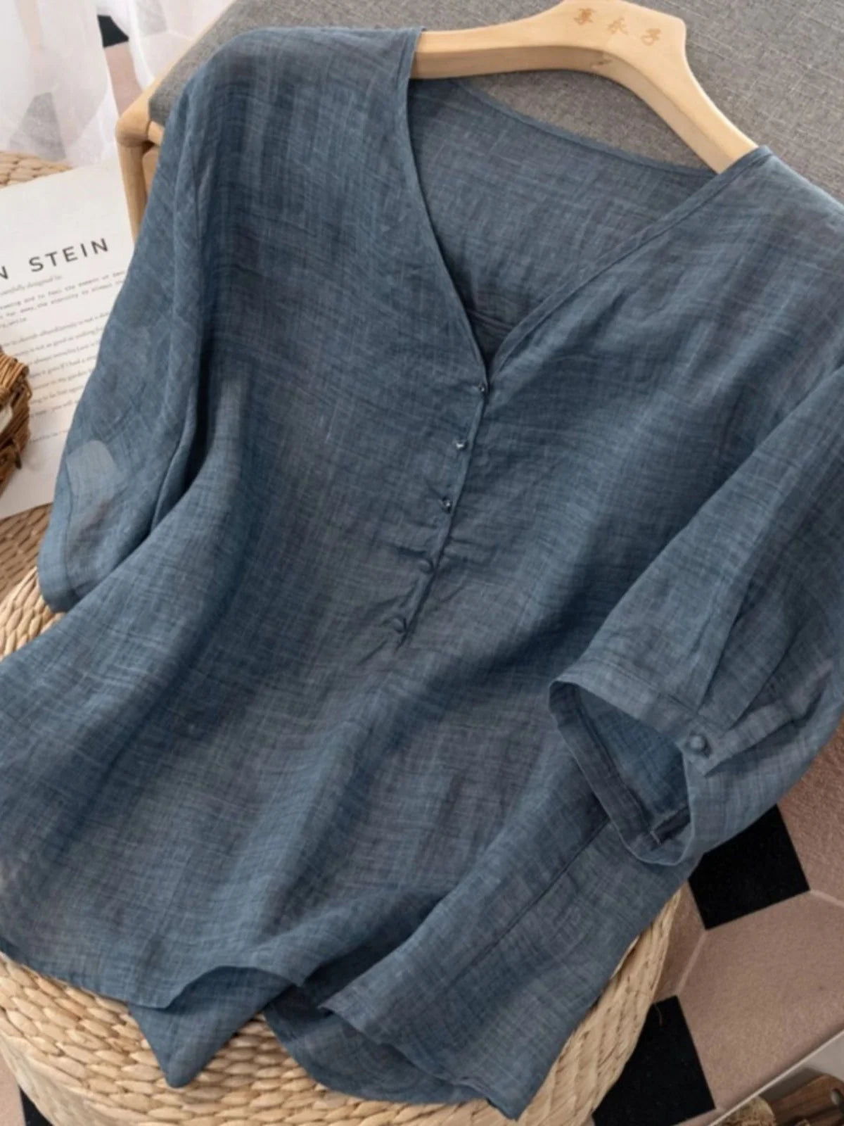 Slimming Color V-Neck Cotton-Linen Blend Top – Casual, Loose Fit, Thin T-Shirt for Women