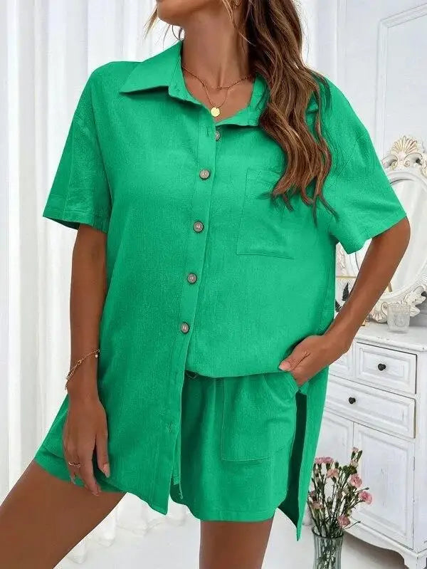 Women’s Casual Two-Piece Suit – Short Sleeve Single-Breasted Top & Skirt, Solid Color