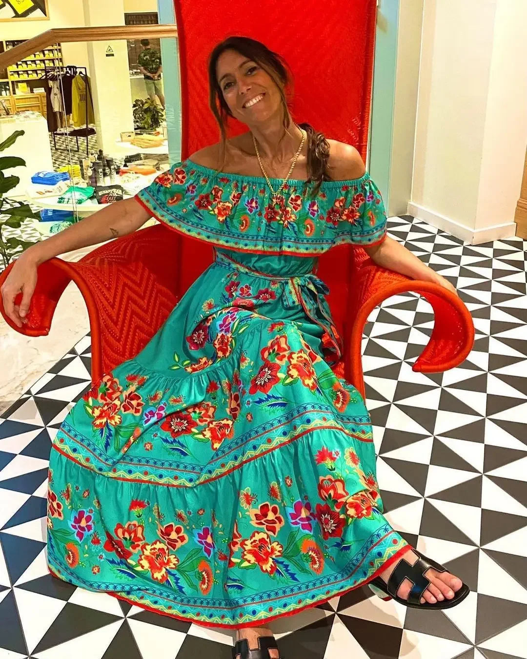 Spring/Summer One-Shoulder Maxi Dress – Red Flower Print, Sleeveless, Knee-Length, Regular Waist