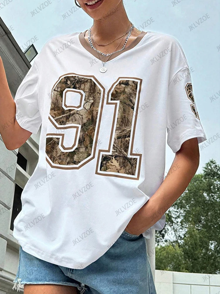 Women’s Retro No.91 Printed T-Shirt – V-Neck, Short Sleeve, Loose Oversized Sports Jersey