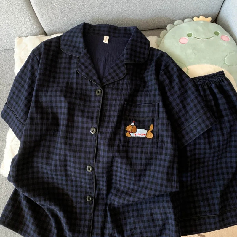 Cute Embroidered Dog Pajama Set – Plaid Short Sleeve Top & Shorts with Lapel Neck & Elastic Waist