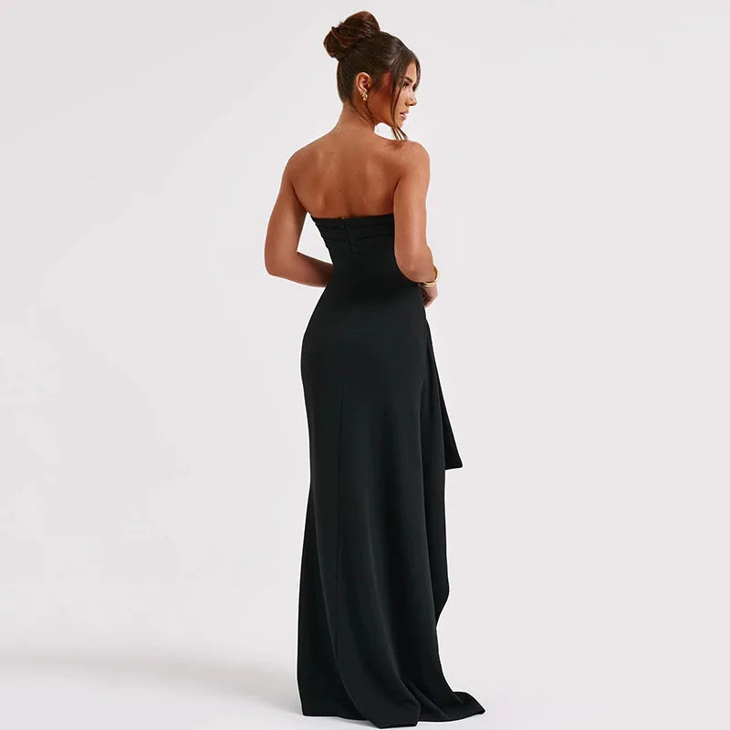 Black Off-Shoulder Strapless Maxi Dress – Backless, High Split, Sleeveless Bodycon Evening & Party Dress