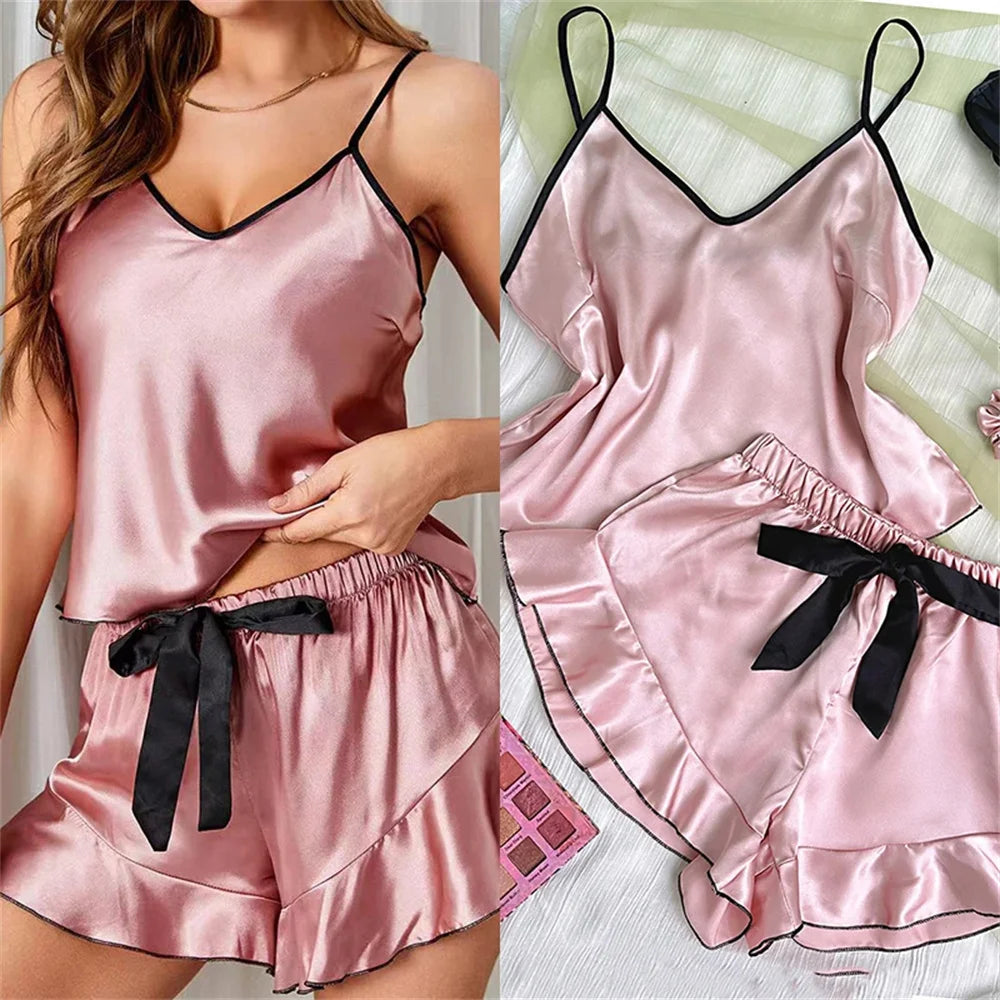 Smooth Satin Sleepwear – Ruffle Trim & Sling Top