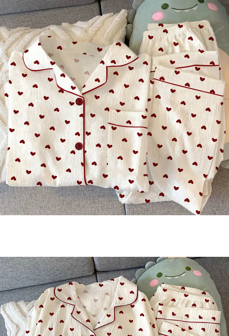 Spring & Autumn Women’s Pajama Set – Long Sleeve Crinkled Loungewear with Love Cardigan