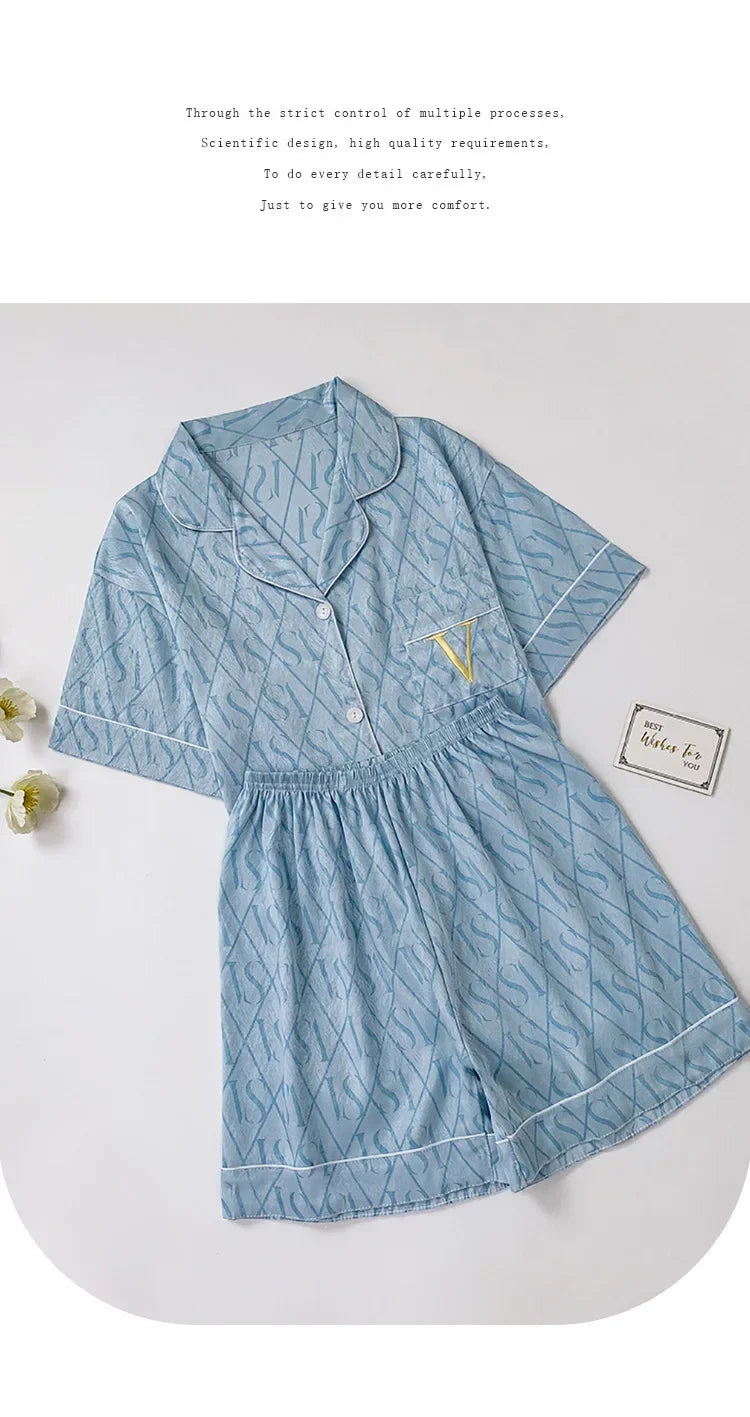 Summer Women’s Ice Silk Pajama Set – Short Sleeve Cardigan Loungewear