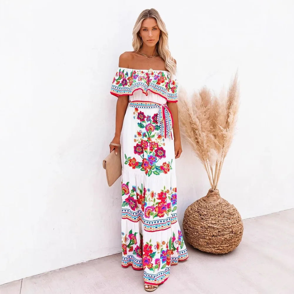 Spring/Summer One-Shoulder Maxi Dress – Red Flower Print, Sleeveless, Knee-Length, Regular Waist