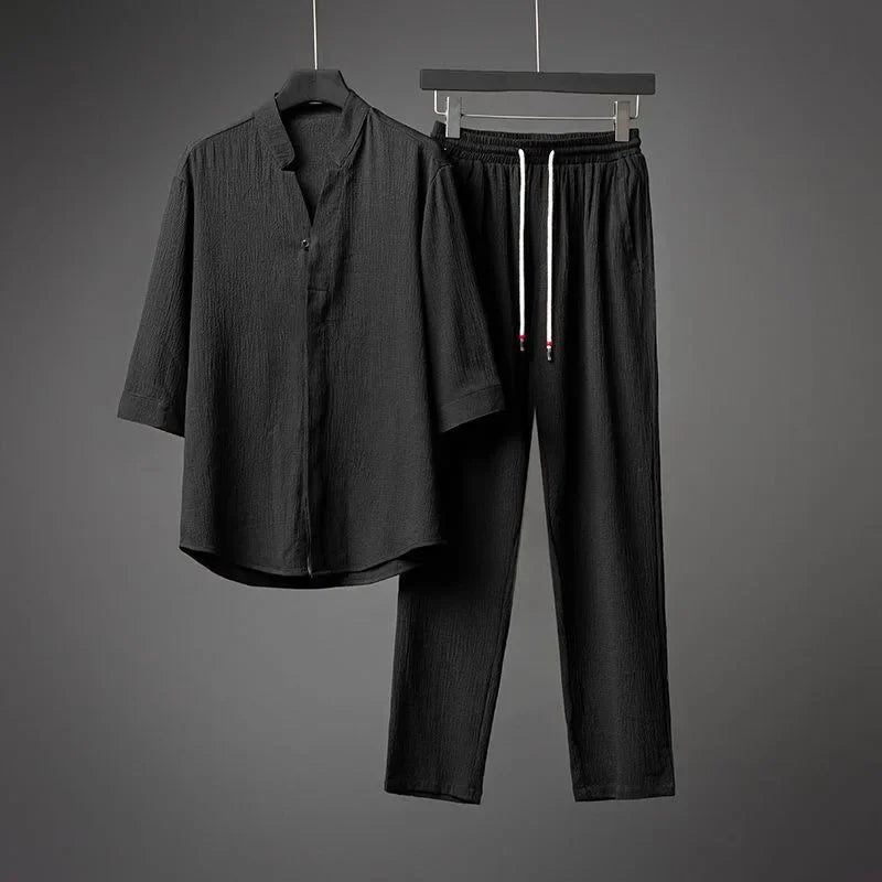 Men’s Luxury Summer Suit – Ultra-Thin, Loose-Fit, Mid-Sleeve Two-Piece Set