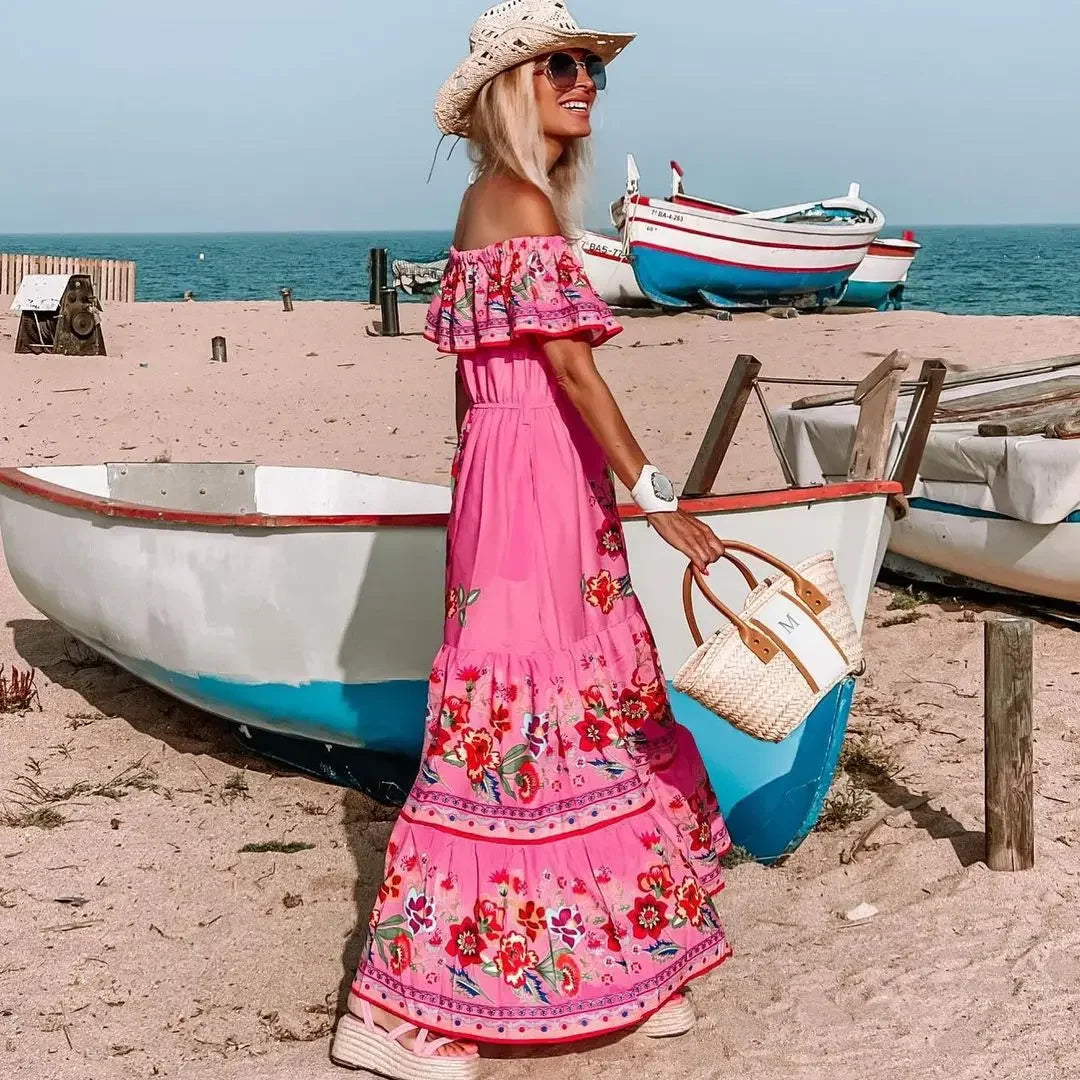Spring/Summer One-Shoulder Maxi Dress – Red Flower Print, Sleeveless, Knee-Length, Regular Waist