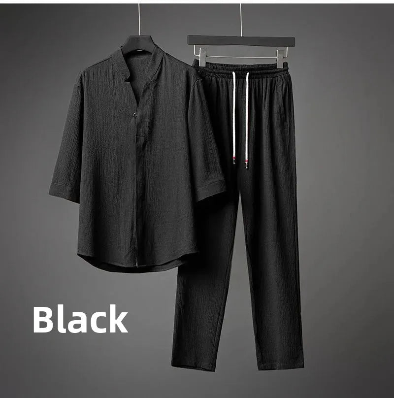 Men’s Luxury Summer Suit – Ultra-Thin, Loose-Fit, Mid-Sleeve Two-Piece Set