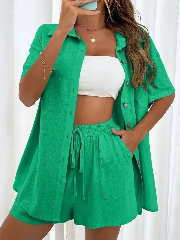 Women’s Casual Two-Piece Suit – Short Sleeve Single-Breasted Top & Skirt, Solid Color