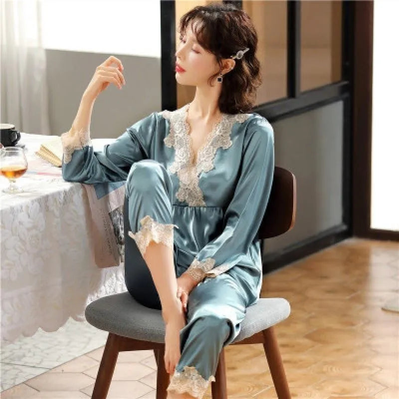 Women’s Ice Silk Pajama Set – Long Sleeve Lace Top & Pants, Green Sweet Homewear