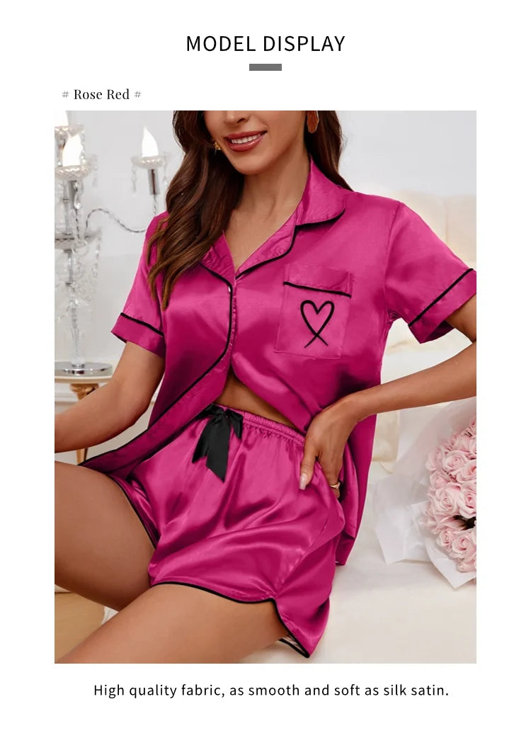 Heart Embroidered Women's Pajama Set – Button Down Top & Shorts Lounge Sleepwear