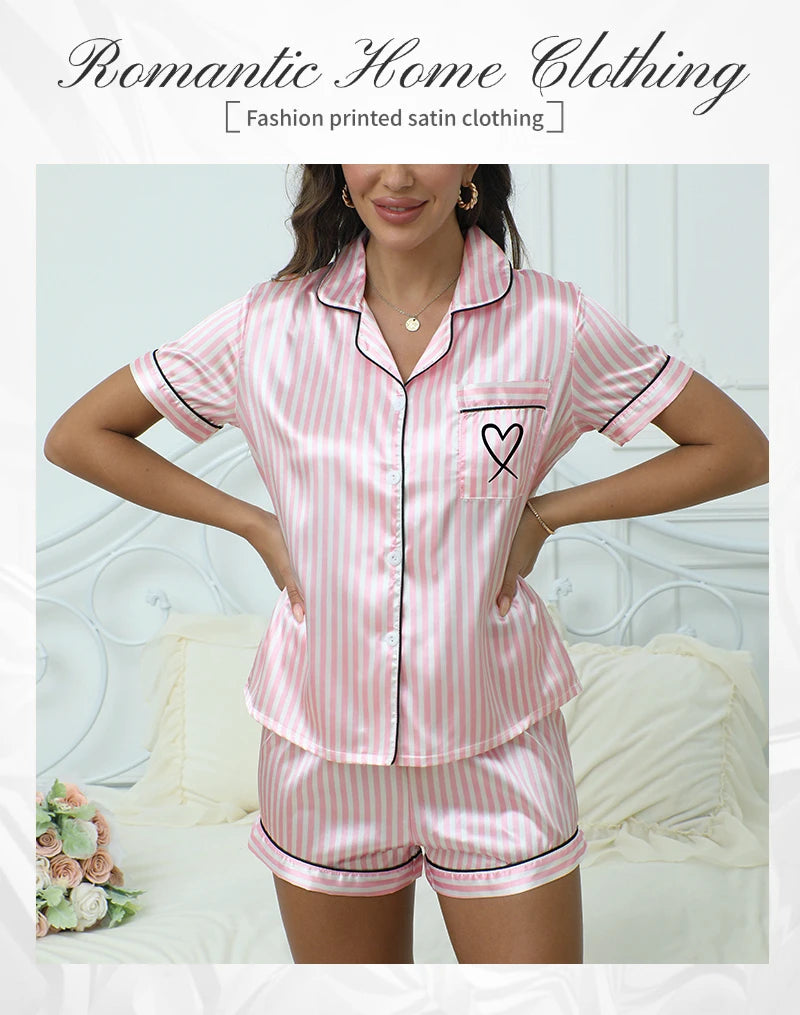 Victoria Style Women's Satin Pajama Set – Striped Embroidered Short Sleeve Top & Shorts Summer Loungewear