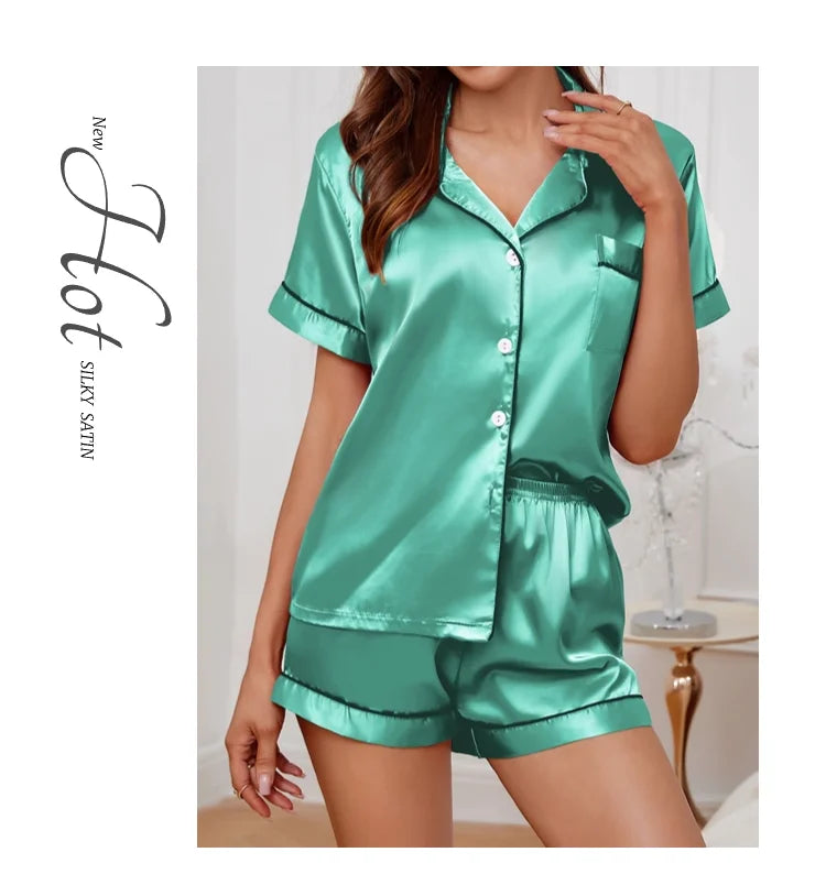 Women’s Satin Pajama Set – 2 Piece Summer Sleepwear