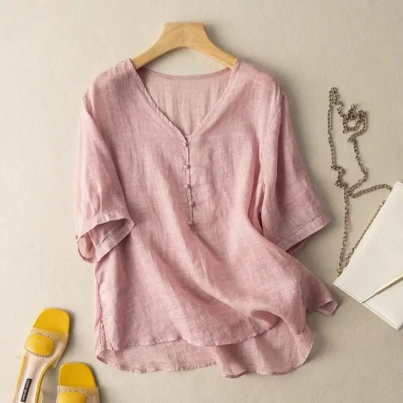 Slimming Color V-Neck Cotton-Linen Blend Top – Casual, Loose Fit, Thin T-Shirt for Women