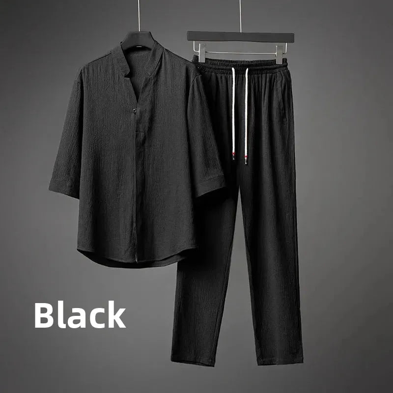 Men’s Luxury Summer Suit – Ultra-Thin, Loose-Fit, Mid-Sleeve Two-Piece Set