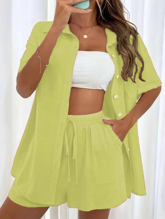 Women’s Casual Two-Piece Suit – Short Sleeve Single-Breasted Top & Skirt, Solid Color