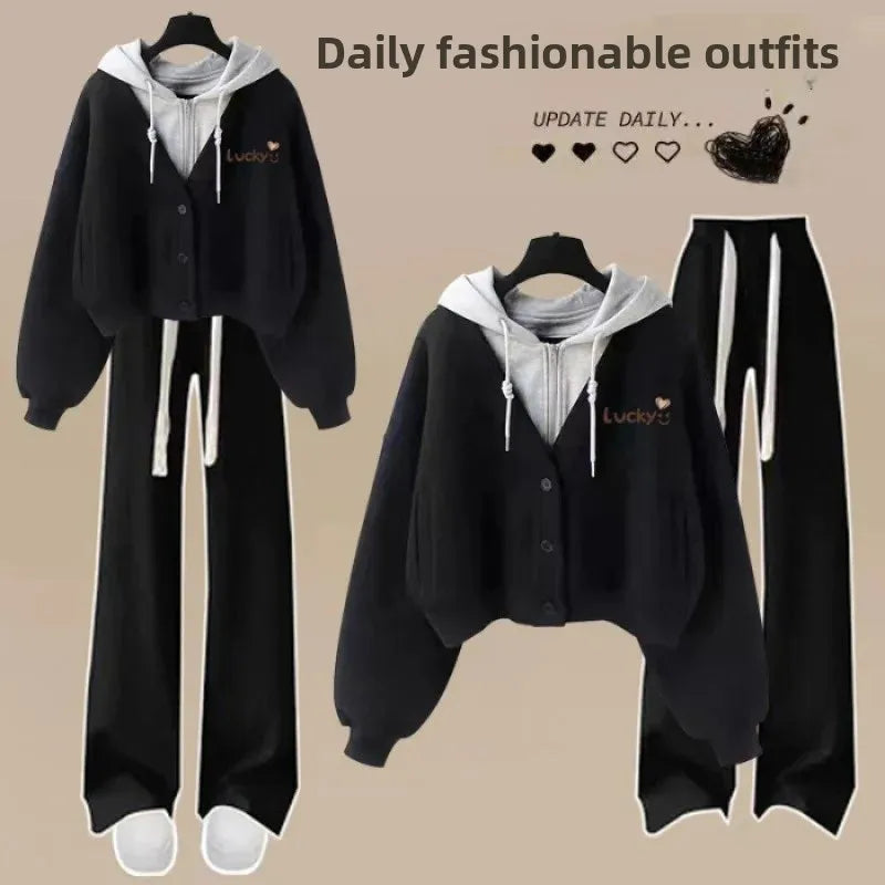 Women’s Loose Wide-Leg Pants Set – Casual Two-Piece Hoodie Outfit, Korean Style, Trendy INS Fashion