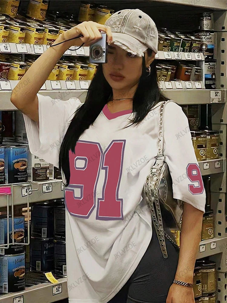 Women’s Retro No.91 Printed T-Shirt – V-Neck, Short Sleeve, Loose Oversized Sports Jersey