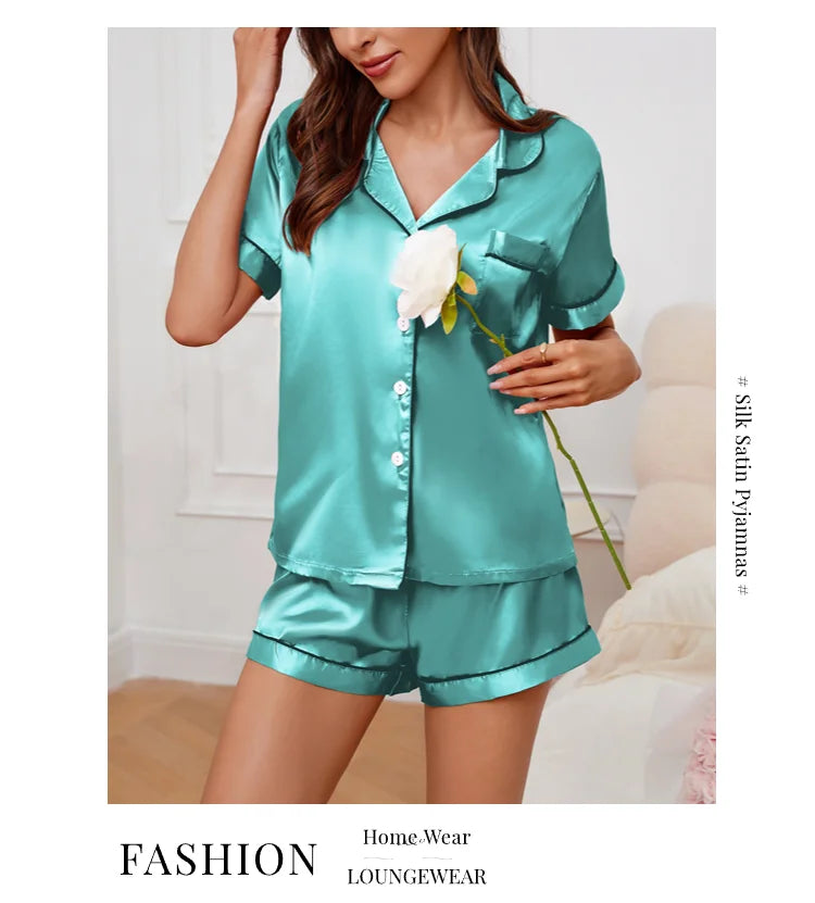 Women’s Satin Pajama Set – 2 Piece Summer Sleepwear