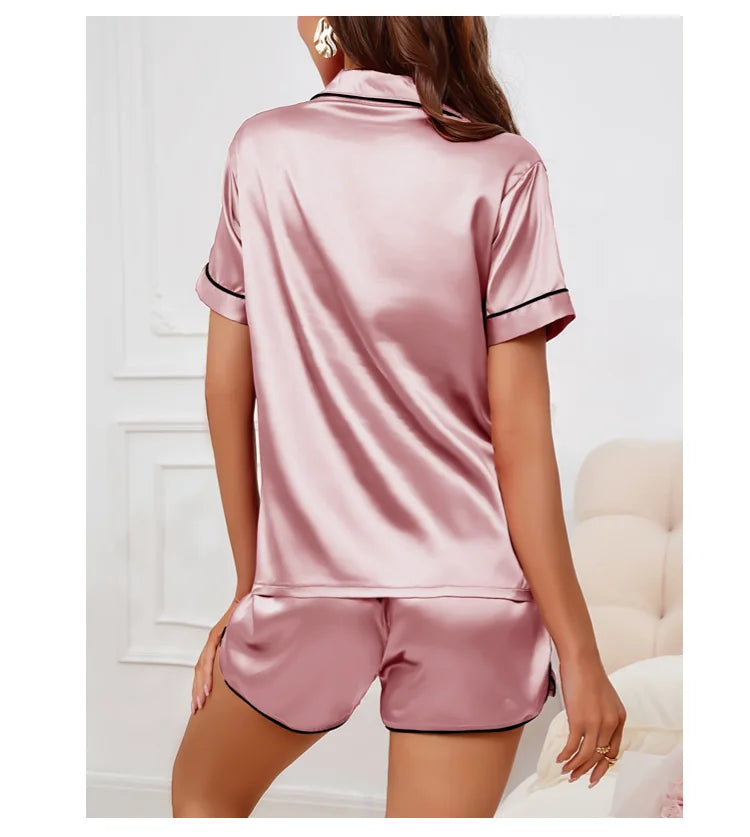 Heart Embroidered Women's Pajama Set – Button Down Top & Shorts Lounge Sleepwear