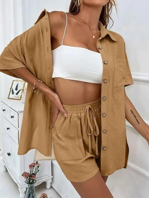 Women’s Casual Two-Piece Suit – Short Sleeve Single-Breasted Top & Skirt, Solid Color