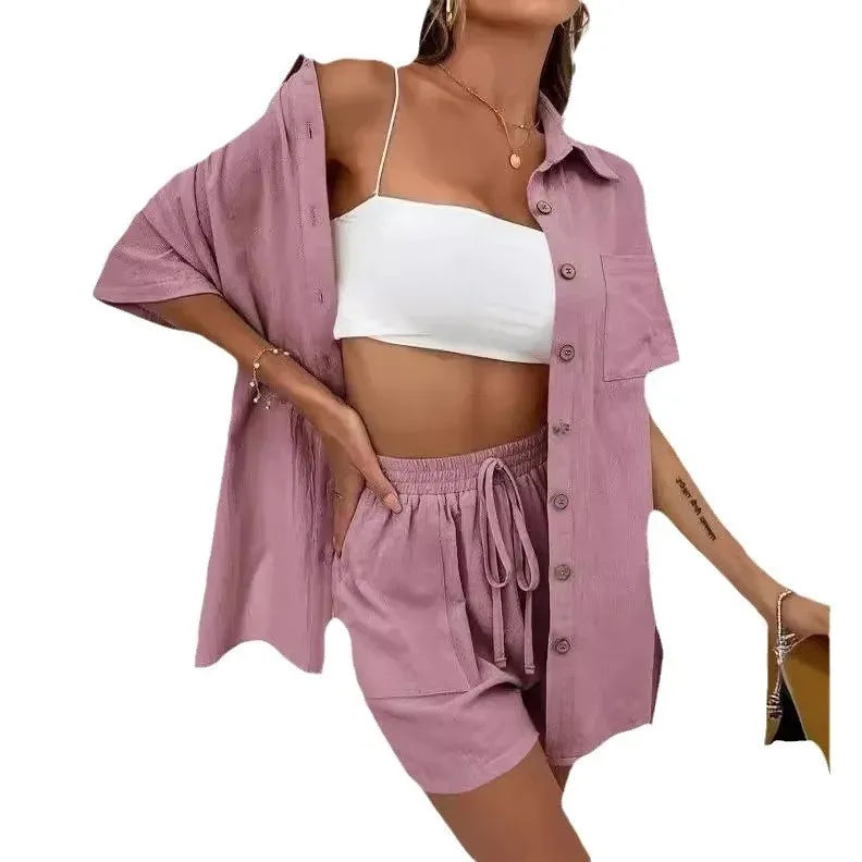 Women’s Casual Two-Piece Suit – Short Sleeve Single-Breasted Top & Skirt, Solid Color