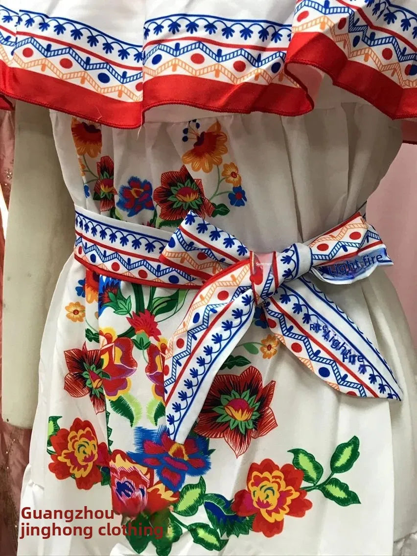 Spring/Summer One-Shoulder Maxi Dress – Red Flower Print, Sleeveless, Knee-Length, Regular Waist