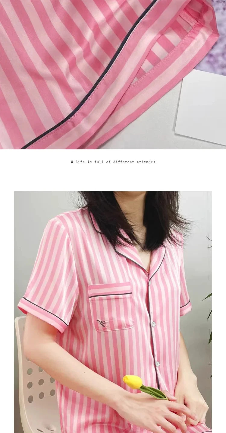 Plus-Size Women’s Pajama Set – Short Sleeve Top & Shorts with Striped Cardigan Lapel Homewear
