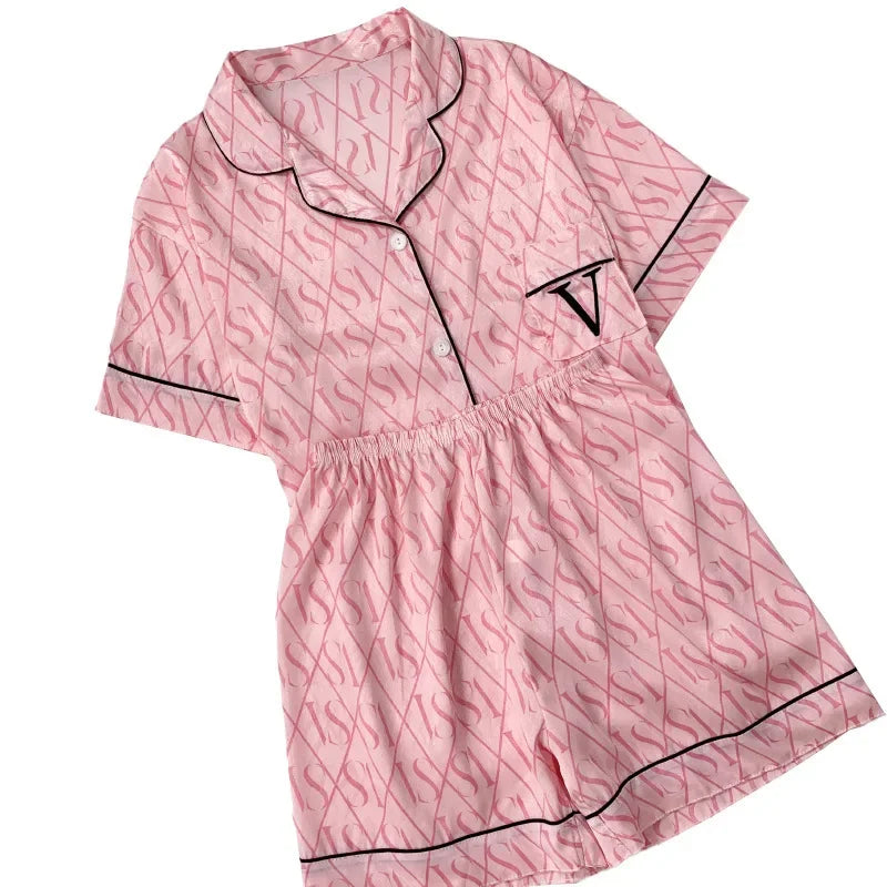Summer Women’s Ice Silk Pajama Set – Short Sleeve Cardigan Loungewear