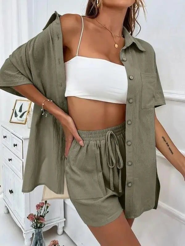 Women’s Casual Two-Piece Suit – Short Sleeve Single-Breasted Top & Skirt, Solid Color