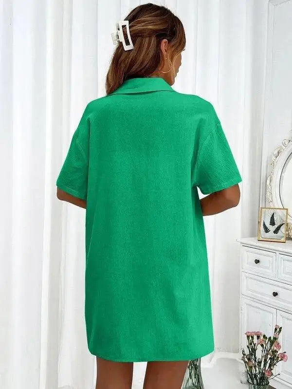 Women’s Casual Two-Piece Suit – Short Sleeve Single-Breasted Top & Skirt, Solid Color