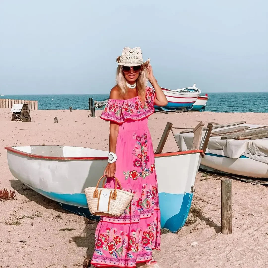 Spring/Summer One-Shoulder Maxi Dress – Red Flower Print, Sleeveless, Knee-Length, Regular Waist