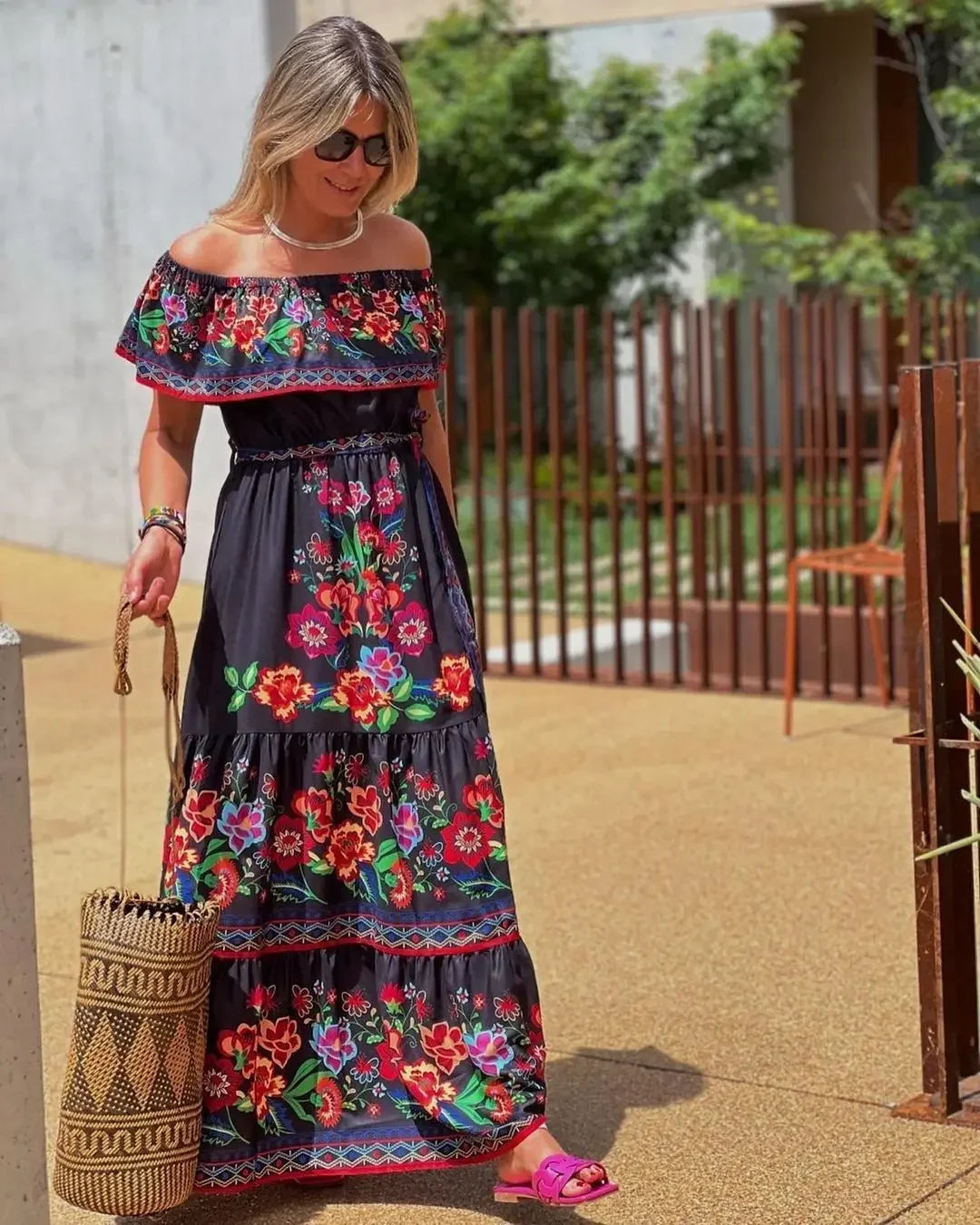 Spring/Summer One-Shoulder Maxi Dress – Red Flower Print, Sleeveless, Knee-Length, Regular Waist