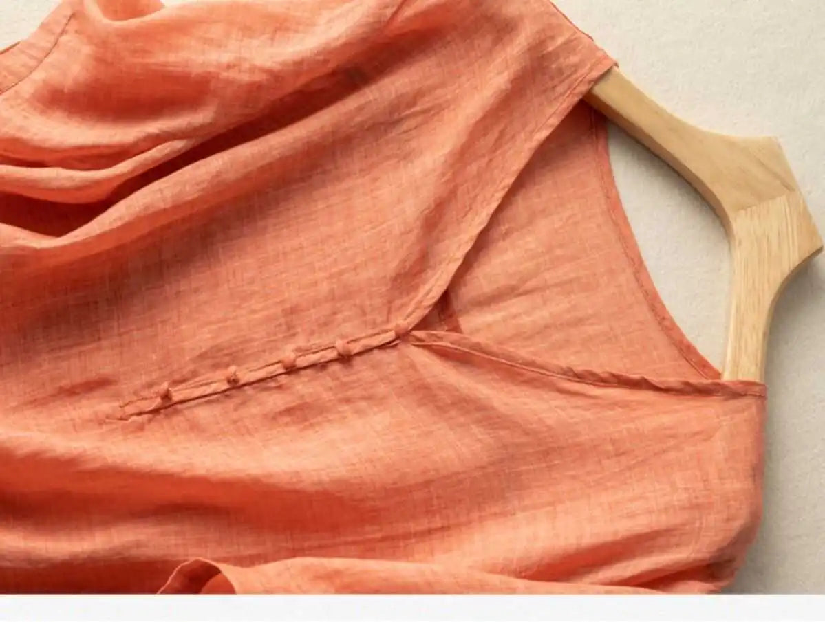 Slimming Color V-Neck Cotton-Linen Blend Top – Casual, Loose Fit, Thin T-Shirt for Women