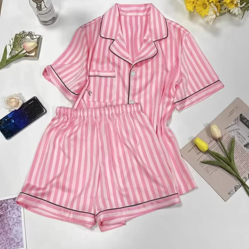 Plus-Size Women’s Pajama Set – Short Sleeve Top & Shorts with Striped Cardigan Lapel Homewear
