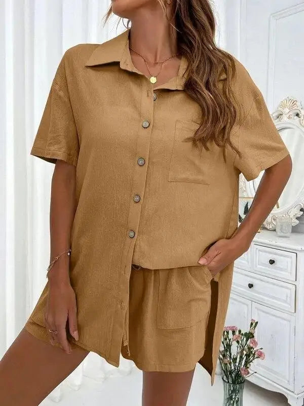 Women’s Casual Two-Piece Suit – Short Sleeve Single-Breasted Top & Skirt, Solid Color
