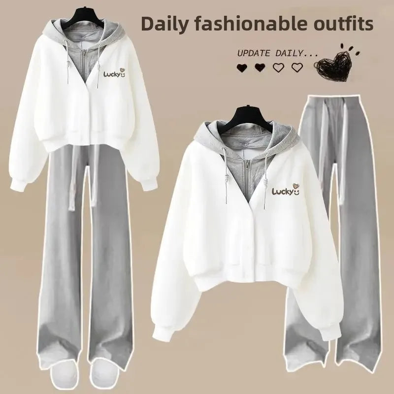 Women’s Loose Wide-Leg Pants Set – Casual Two-Piece Hoodie Outfit, Korean Style, Trendy INS Fashion