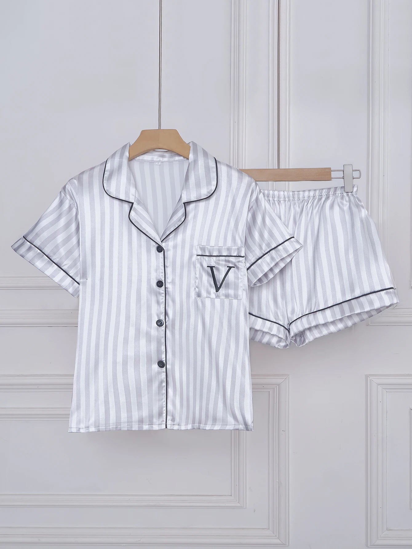 Striped Satin Pajama Set – Short Sleeve Top & Shorts with Embroidered Letter Pocket, Lapel Collar & Button Detail