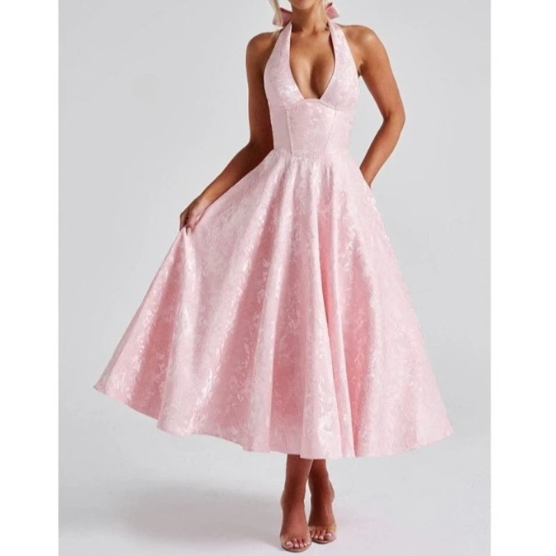 Deeptown Red Halter V-Neck Pleated Midi Dress