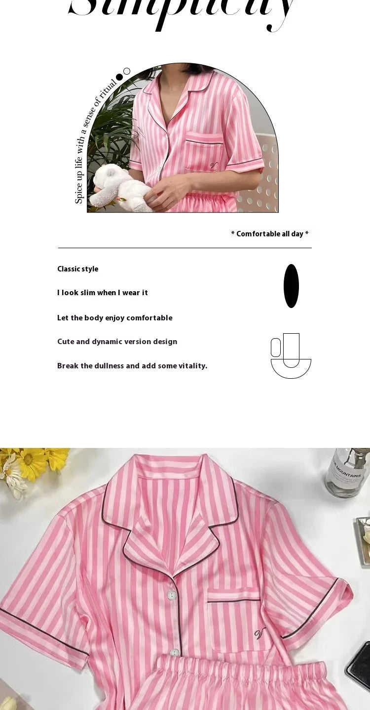 Plus-Size Women’s Pajama Set – Short Sleeve Top & Shorts with Striped Cardigan Lapel Homewear