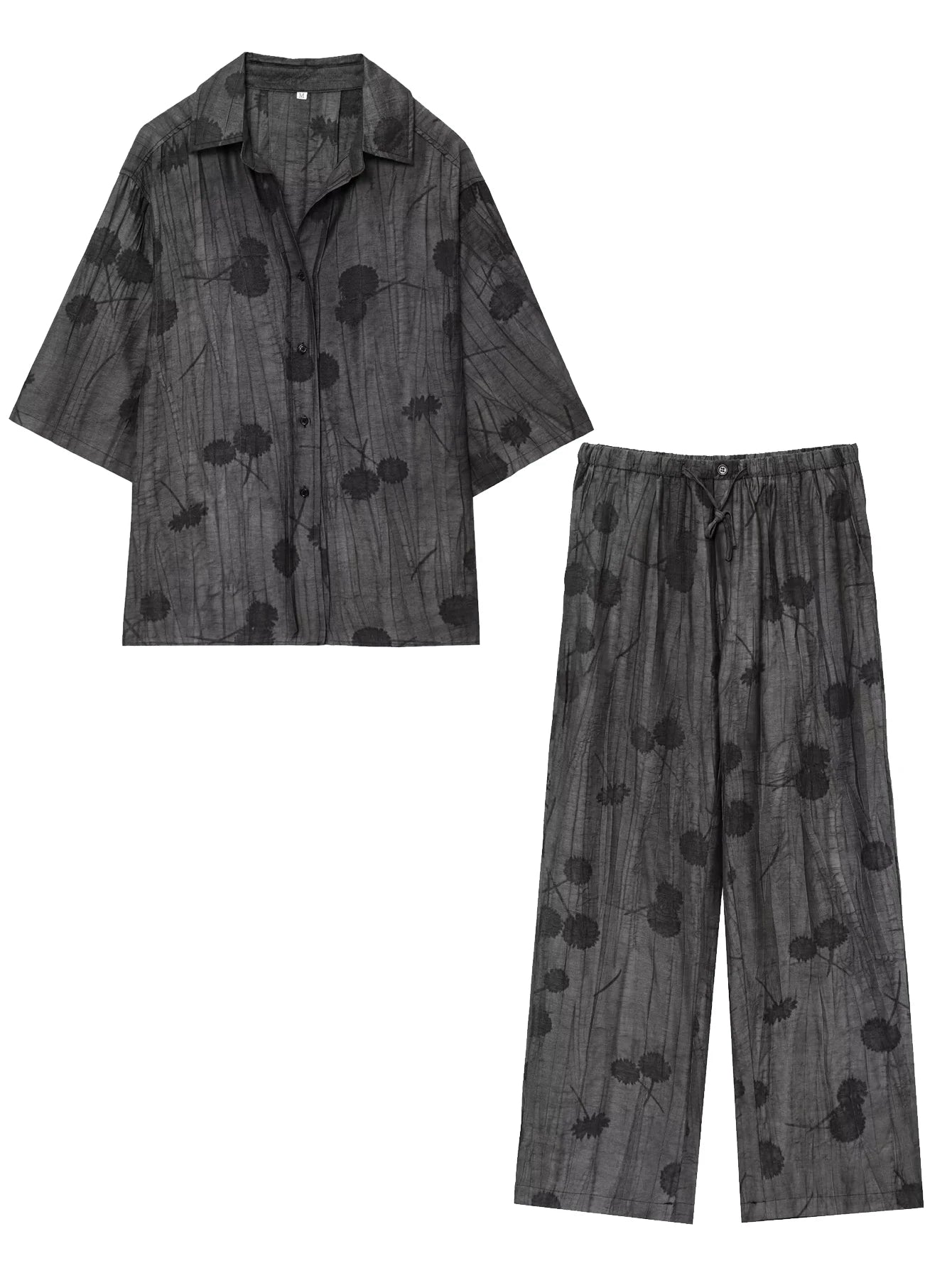 Women’s Printed Two-Piece Set – Lapel Half-Sleeve Top & High-Waist Lace-Up Wide-Leg Pants